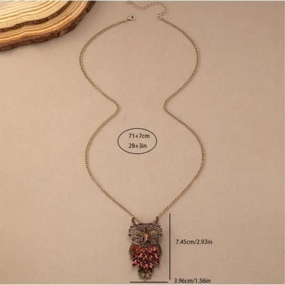 Vintage Style Boho Owl Necklace Long Chain Amber Rhinestone Pendant Jewelry Gift - Picture 4 of 12